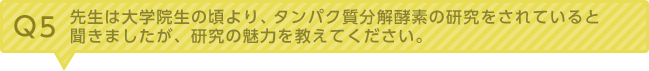 Q5：先生は大学院生の頃より、タンパク質分解酵素の研究をされていると聞きましたが、研究の魅力を教えてください。